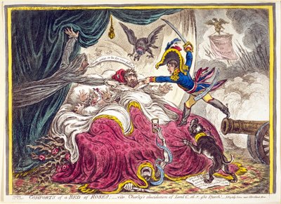 Comforts of a Bed of Roses: pub. Hannah Humphrey, 21. april, 1806 (håndfarvet gravering) af James Gillray