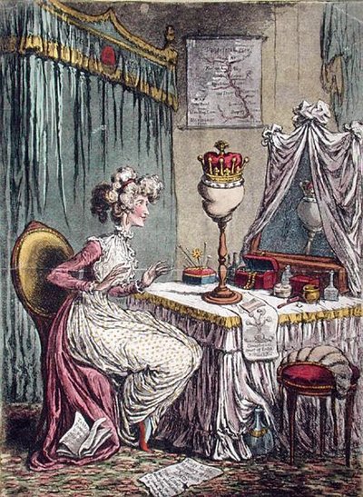Contemplations upon a Coronet, udgivet af Hannah Humphrey i 1807 (håndfarvet radering med akvatint) af James Gillray