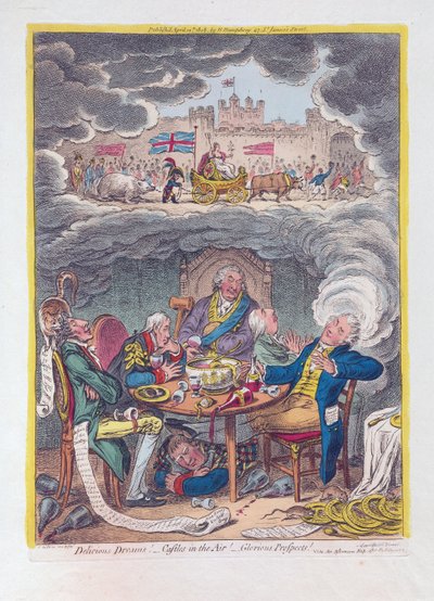 Delicious Dreams: Castles in the Air! - Glorious Prospects!, pub. 1808 (håndfarvet gravering) af James Gillray