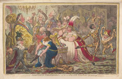 Dilettanti Teater eller et kig på Green Room, vide. Pic-Nic-Orgies, pub. 1803 (håndkoloreret gravering) af James Gillray