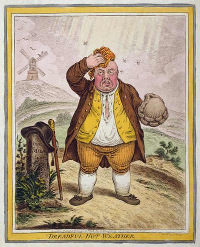 Skrækkeligt varmt vejr, udgivet af Hannah Humphrey i 1808 (håndkoloreret radering) af James Gillray