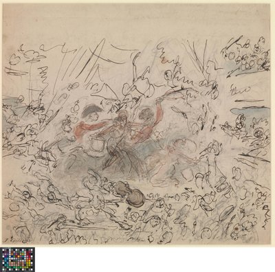 Hollandsk: Verdens skue: Napoleonskrigene (recto).  Liste over emner, der er "værdige til britiske kunstneres talent" (bagside) af James Gillray