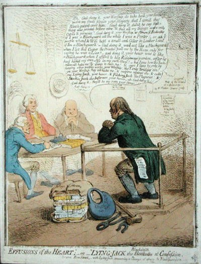 Effusions of the Heart, or Lying Jack the Blacksmith at Confession, udgivet af Hannah Humphrey i 1795 for Philanthropic Society (håndfarvet radering) af James Gillray