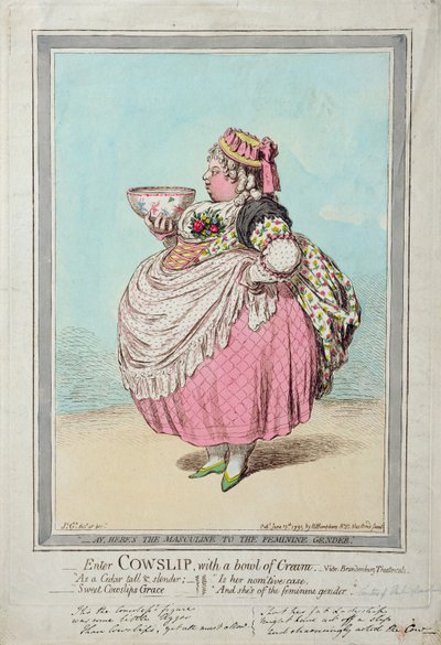 Enter Cowslip, med en skål fløde, udgivet af Hannah Humphrey i 1795 (håndfarvet radering) af James Gillray