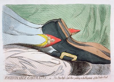 Moderigtige kontraster, eller hertugindens lille sko, der giver efter for størrelsen af hertugens fod, udgivet af Hannah Humphrey i 1792 (ætset med wc) af James Gillray