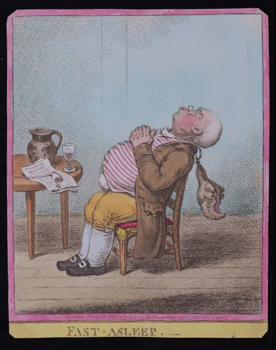 Fast Asleep, udgivet af Hannah Humphrey i 1806 (håndfarvet radering) (se også 189789) af James Gillray