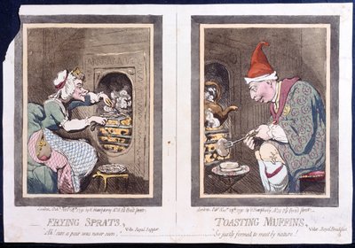 Friture Brisling, eller Royal Supper, and Toasting Muffins, eller Royal Breakfast, udgivet af Hannah Humphrey i 1791 (håndfarvet radering) af James Gillray