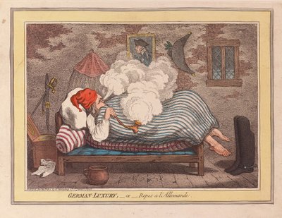 Tysk luksus eller Repos a LAllemande, pub. 1800 (håndkoloreret gravering) af James Gillray
