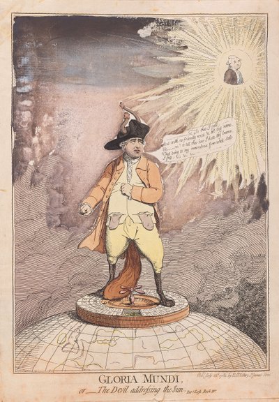 Gloria Mundi, eller Djævelen henvender sig til solen, pub. 1782 (håndfarvet gravering) af James Gillray