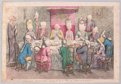 Grace before Meat or a Peep at Lord Peters, pub. 1779 (håndfarvet gravering) af James Gillray