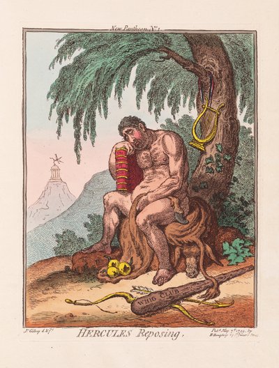 Hercules Reposing, pub. 1799 (håndfarvet gravering) af James Gillray