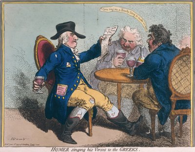 Homer synger sine vers til grækerne, udgivet af Hannah Humphrey i 1797 (håndfarvet radering) af James Gillray