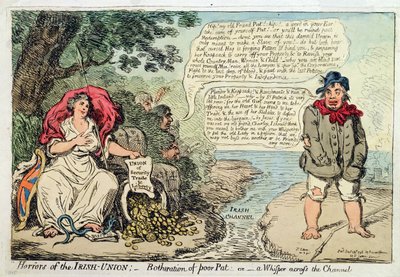 Horrors of the Irish Union: Botheration of Poor Pat, or A Whisper across the Channel, udgivet af Hannah Humphrey i 1798 (håndfarvet radering) af James Gillray
