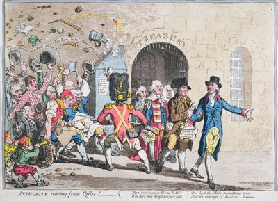 Integrity Retiring from Office, udgivet af Hannah Humphrey i 1801 (håndkoloreret radering med akvatint) af James Gillray