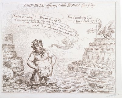 John Bull tilbyder Little Boney fair play, udgivet af Hannah Humphrey i 1803 af James Gillray