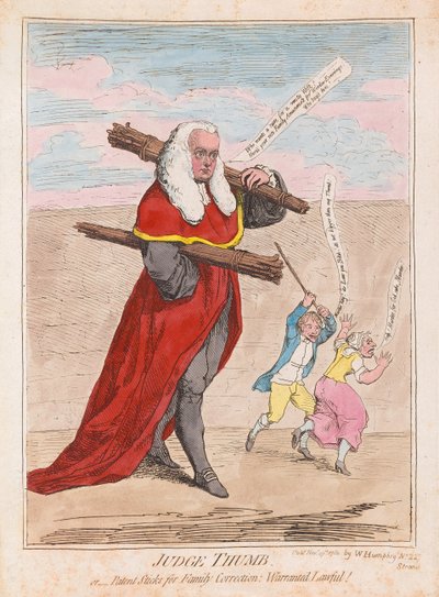 Judge Thumb, or Patent Sticks for Family Correction Warranted Lawful, pub. 1782 (håndkoloreret gravering) af James Gillray