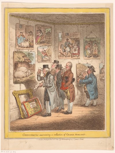 Kunstkendere ser malerier af George Morland Kendere, der undersøger en samling af George Morlands (titel på objekt) af James Gillray