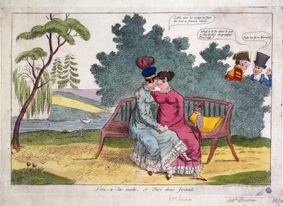 Lady Strachan og Lady Warwick elsker i en park, mens deres mænd ser misbilligende til. af James Gillray