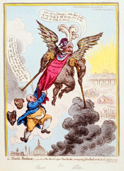 Le Diable-Boiteux, or The Devil upon Two Sticks Conveying John Bull to the Land of Promise, udgivet af Hannah Humphrey i 1806 (håndkoloreret radering) af James Gillray