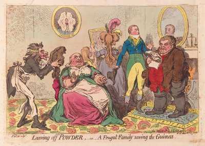 Leaving off Powder, eller en sparsommelig familie, der redder Guinea, pub.1795 (håndfarvet gravering) af James Gillray