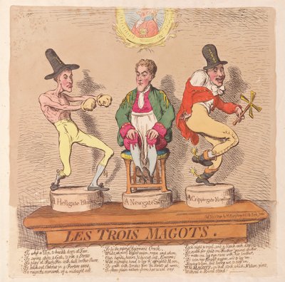 Les Trois Magots, pub. 1791 (håndfarvet gravering) af James Gillray