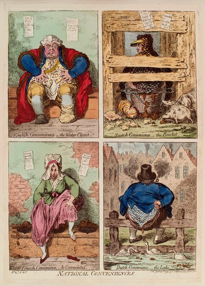 Nationale faciliteter. (beskrivelse og sammenligning af toiletter i England, Skotland, Frankrig og Holland). Værk af James Gillray (1757-1815), gravering og akvarel af James Gillray