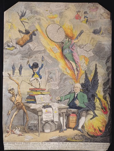 Lieut Goverr Gall-Stone, inspireret af Alecto, or The Birth of Minerva, udgivet af Hannah Humphrey i 1790 (radering med akvatinte) af James Gillray