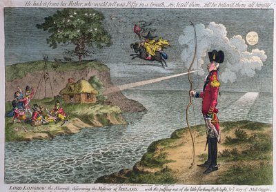 Lord Longbow the alarmist, discovering the Miseries of Ireland, udgivet af Hannah Humphrey i 1798 (håndkoloreret radering) af James Gillray