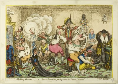 At gøre sig anstændig; dvs. brede bagdele, der kommer i det store kostume af James Gillray