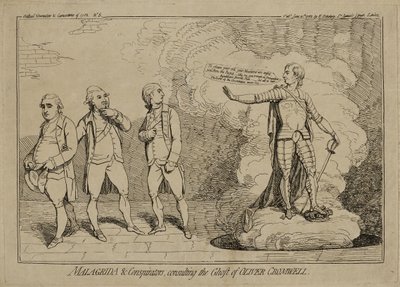 Malagrida and Conspirators, Consulting the Ghost of Oliver Cromwell, udgivet 10. juni 1782 (radering på lagt papir indlagt på vævet papir) af James Gillray