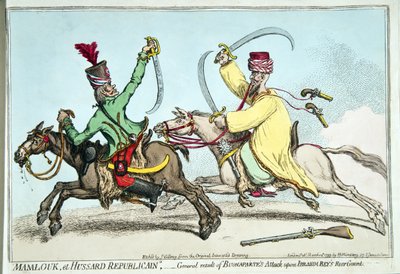 Mamlouk et Hussard Republicain, eller generelt resultat af Bonapartes angreb på Ibrahim Beys bagvagt, udgivet af Hannah Humphrey i 1799 (håndfarvet radering) af James Gillray