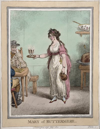 Mary of Buttermere, skitseret fra livet i juli 1800, udgivet af Hannah Humphrey i 1802 (håndfarvet radering) af James Gillray