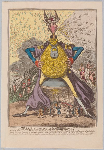 Midas, Transmuting all into [Gold] Paper, pub. 1797 (håndfarvet gravering) af James Gillray