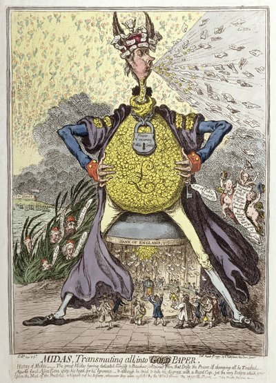 Midas Transmuting all into Gold Paper, udgivet af Hannah Humphrey i 1797 (håndfarvet radering) af James Gillray