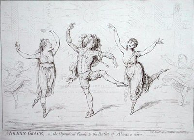 Modern Grace, eller Operatical Finale to the Ballet of Alonzo e caro, udgivet af Hannah Humphrey i 1796 (pen og blæk på papir) af James Gillray
