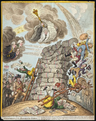 Omstyrtelse af det republikanske Babel, udgivet af Hannah Humphrey i 1809 (håndfarvet radering) af James Gillray