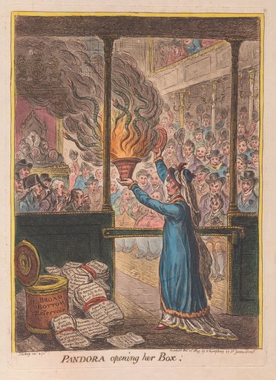 Pandora åbner sin æske, pub. 1809 (håndfarvet gravering) af James Gillray