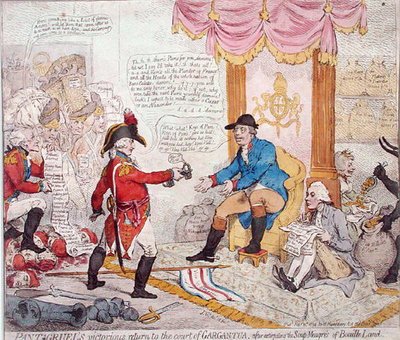 Pantagruelin voittoisa paluu Gargantuan hoviin hävitettyään Hannah Humphreyn vuonna 1794 julkaiseman Soup-Meagres of Bouaille Landin (käsinvärinen etsaus) af James Gillray