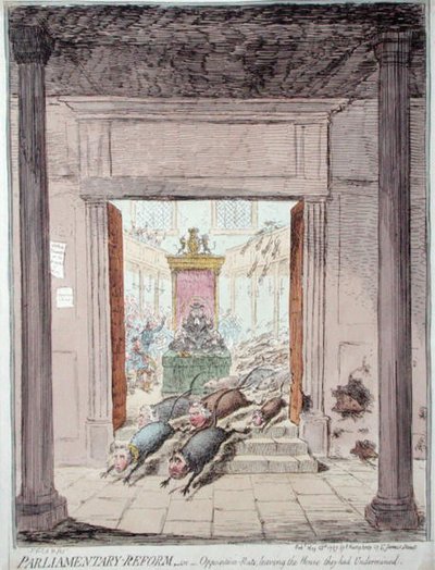 Parlamentarisk reform eller oppositionsrotter, der forlader huset, de havde undermineret, udgivet af Hannah Humphrey i 1797 (håndfarvet radering) af James Gillray