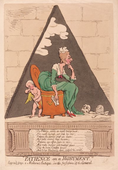 Tålmodighed på et monument, pub. 1791 (håndfarvet gravering) af James Gillray