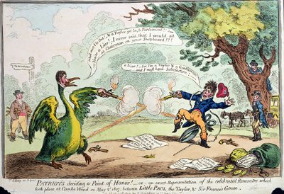 Patrioter bestemmer et ærespunkt! eller En nøjagtig gengivelse af Rencontre, som fandt sted i Coombe Wood den 2. maj 1807 mellem Little Paul the Taylor og Sir Francis Goose, udgivet af Hannah af James Gillray
