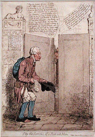 Pity the Sorrows of a Poor Old Man, udgivet af Hannah Humphrey i 1796 (håndkoloreret radering) af James Gillray