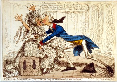 "Politisk voldtægt - eller den gamle dame i Threadneedle Street i fare!" af James Gillray