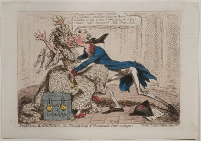 Political Ravishment, or The Old Lady of Threadneedle Street i fare!, udgivet af Hannah Humphrey, 1797 (håndfarvet radering) af James Gillray