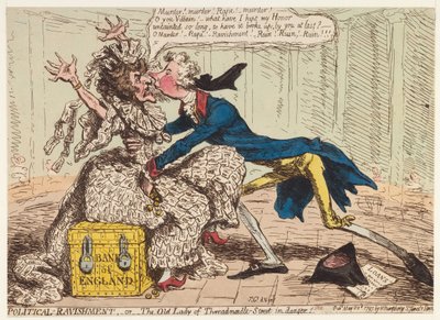 Politisk ravishment, eller den gamle dame fra Threadneedle Street i fare!, 1797 af James Gillray