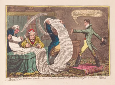 Forberedelse til det store angreb eller en privat genhør af The ci-devant Ministry in Danger, pub. 1801 (håndfarvet gravering) af James Gillray