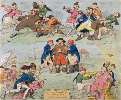 Sans-Culottes Feeding Europe with the Bread of Liberty, udgivet af Hannah Humphrey i 1793 (håndfarvet radering) af James Gillray