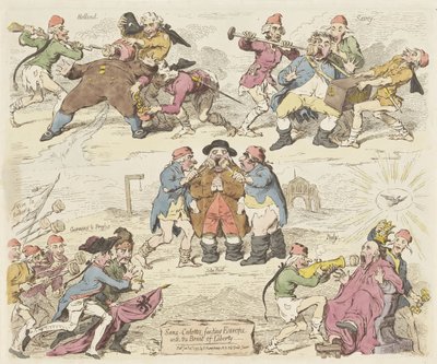 Sans-culottes fodrer Europa med frihedens brød, 1793 Sans-culottes, der fodrer Europa med Frihedens Brød (titel på objektet) af James Gillray
