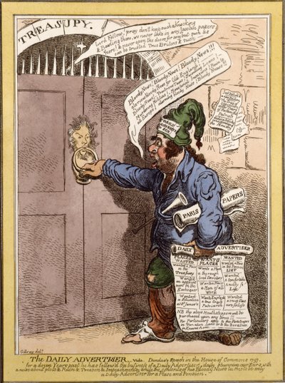 Satirisk tegneserie i Daily Advertiser vedrørende Dundas tale i Underhuset, 1797 af James Gillray
