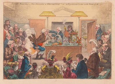 Videnskabelige undersøgelser! Nye opdagelser i Pneumaticks! Eller et eksperimentelt foredrag om Powers osf Air, pub. 1802 (håndfarvet gravering) af James Gillray